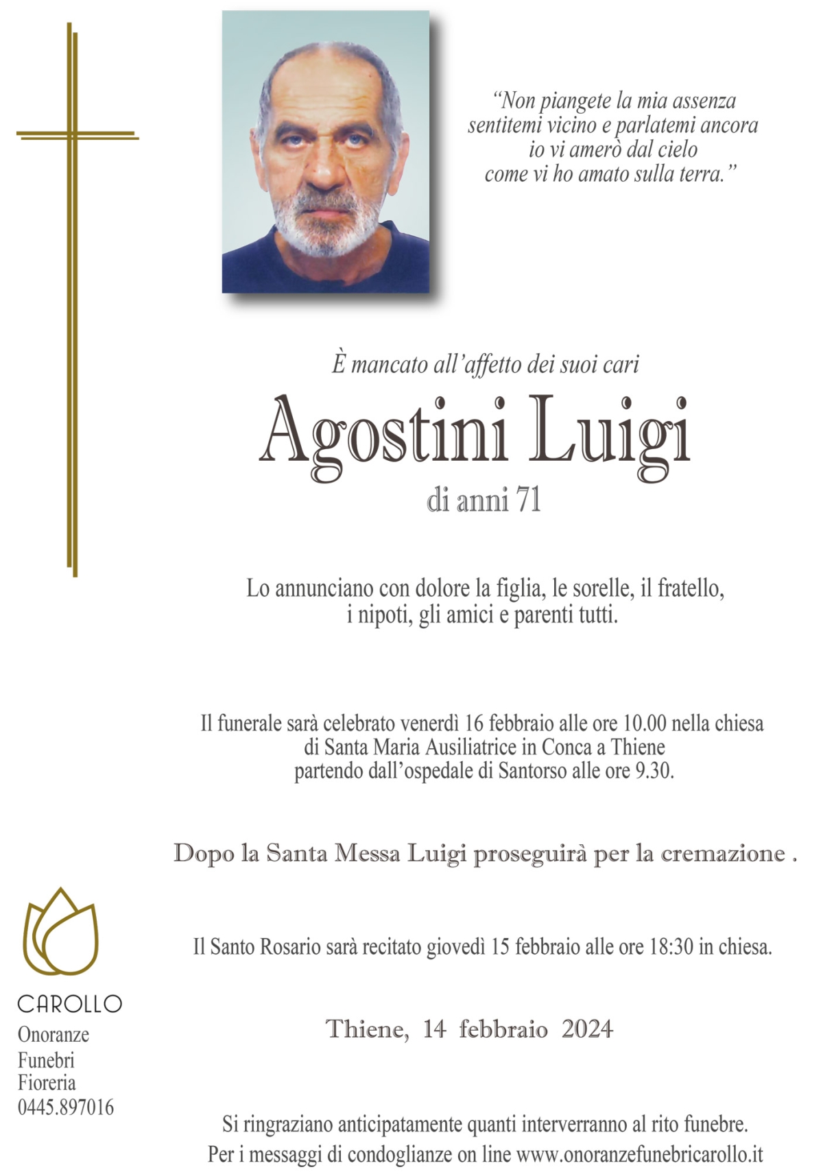 Non Piangete La Mia Assenza Sant'agostino Luigi Agostini - Impresa Funebre Carollo